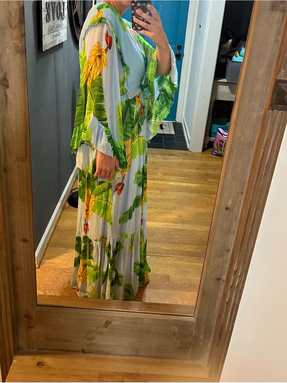 FARM Rio Light Blue Maxi Dress with Green Tropical Leaf Print - Picture 3 of 3